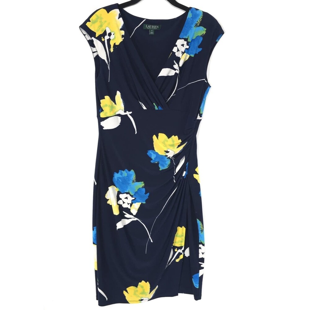 LAUREN RALPH LAUREN Women's 8 Sheath Dress Navy Floral Faux Wrap Ruched Stretch